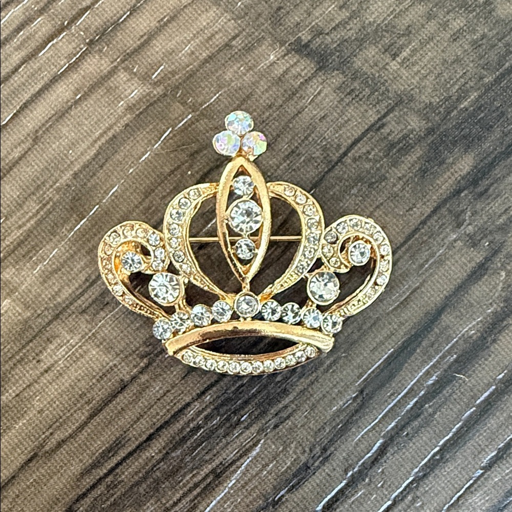 Gold Crown Rhinestone Brooch - Sparkling Pin